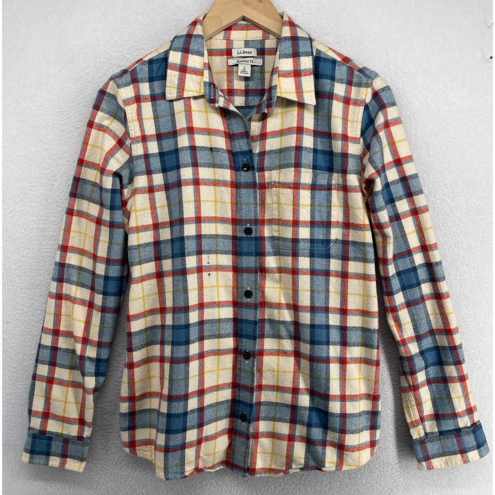 LL BEAN Top Womens S Scotch Plaid Flannel Shirt Relaxed Fit Button Up Ivory Blue - Picture 2 of 16